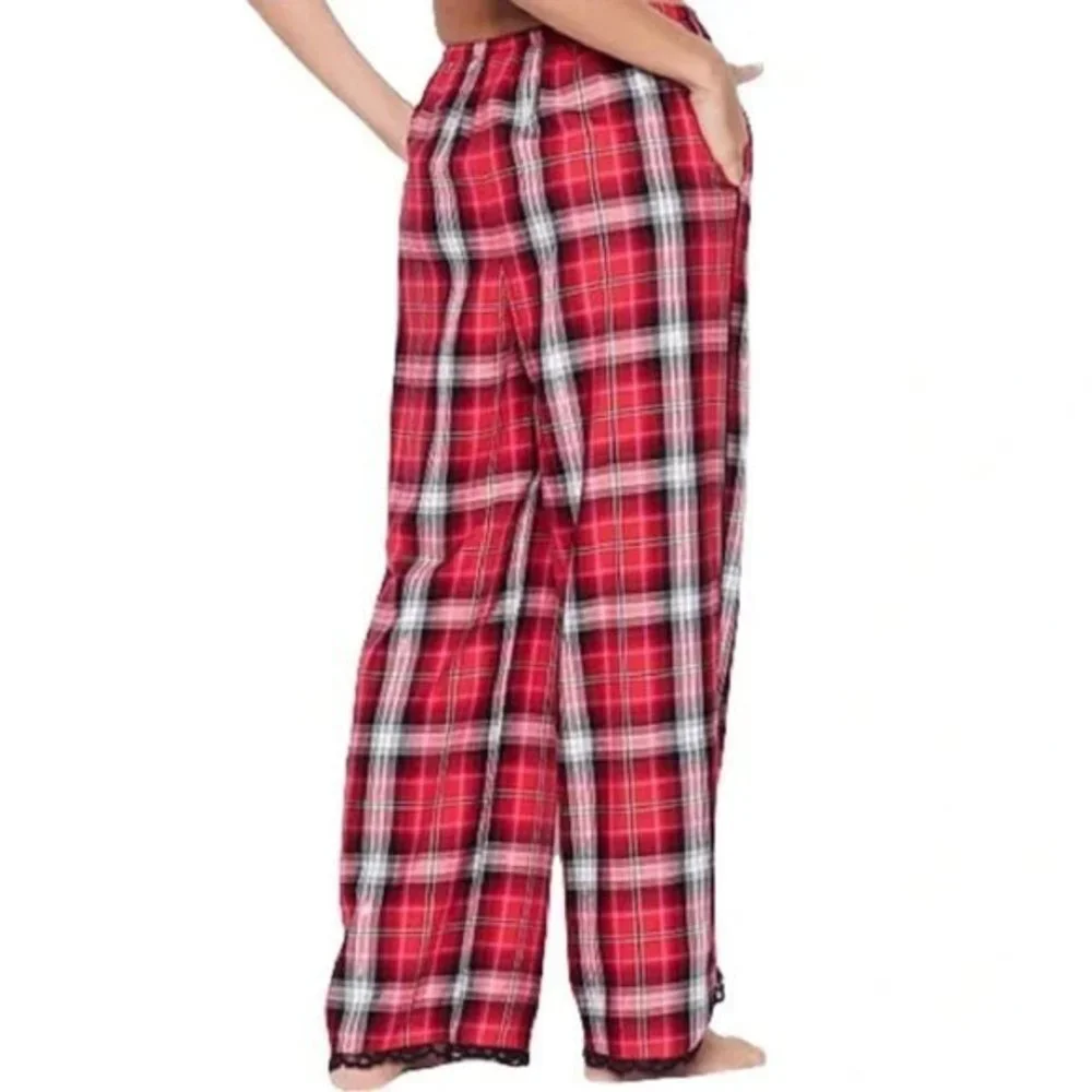 Victoria's Secret XS Red Black Cotton Blend‎ Lace Trim Plaid Pajama Lounge Pants